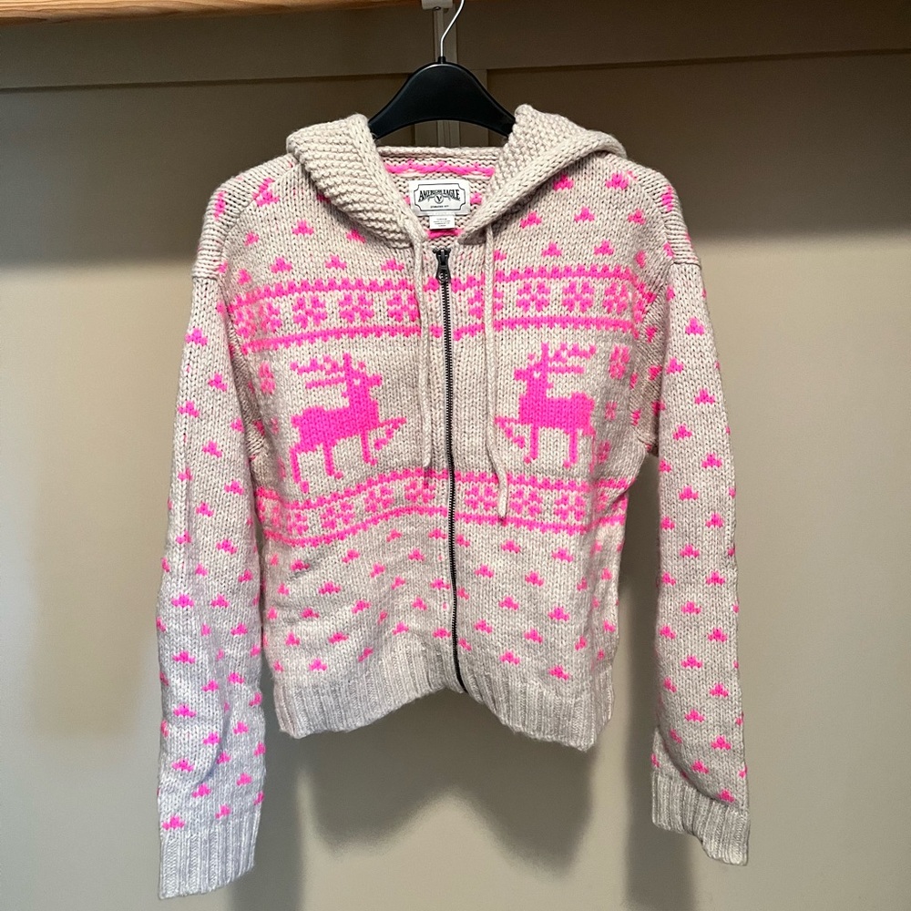 American Eagle Outfitters Cream and Pink Reindeer Cardigan - Picture 1 of 7